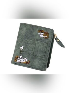 Cat Embroidered Green Bifold Wallet Coin Purse